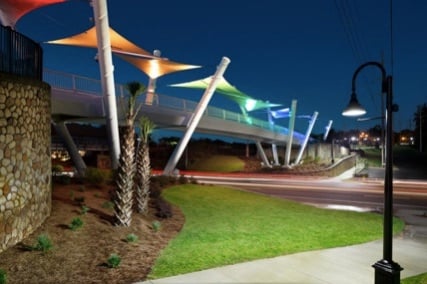 Capital Cascades Connector Bridge canopy, with LED Lighting (Photography credit: Adam Cohen)
 caption=